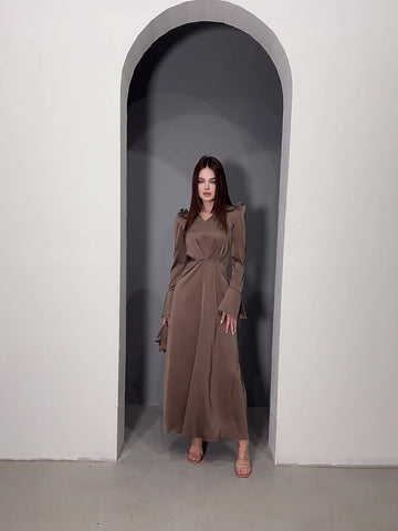 Woochic robe à manches longues bouffantes col en V taille cintrée